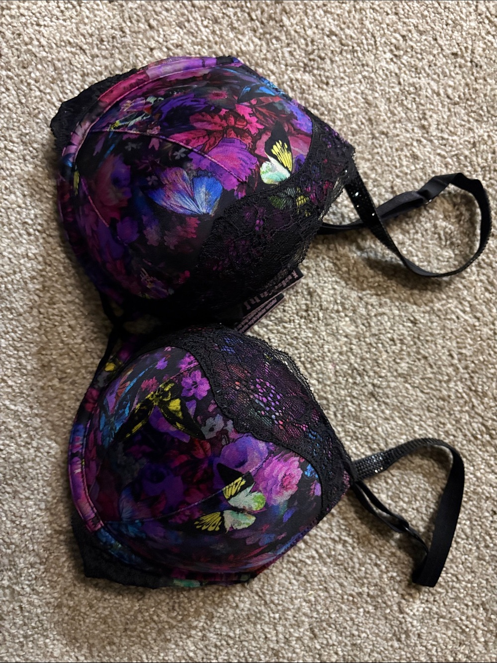 Victoria's Secret Black Push-Up Bra with Purple Floral & Butterfly Print